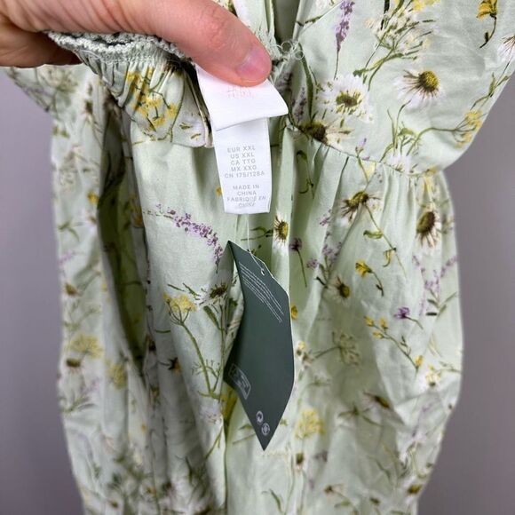 H&M Wildflower Meadow open back Poplin Light Green Floral midi Dress - Picture 9 of 12